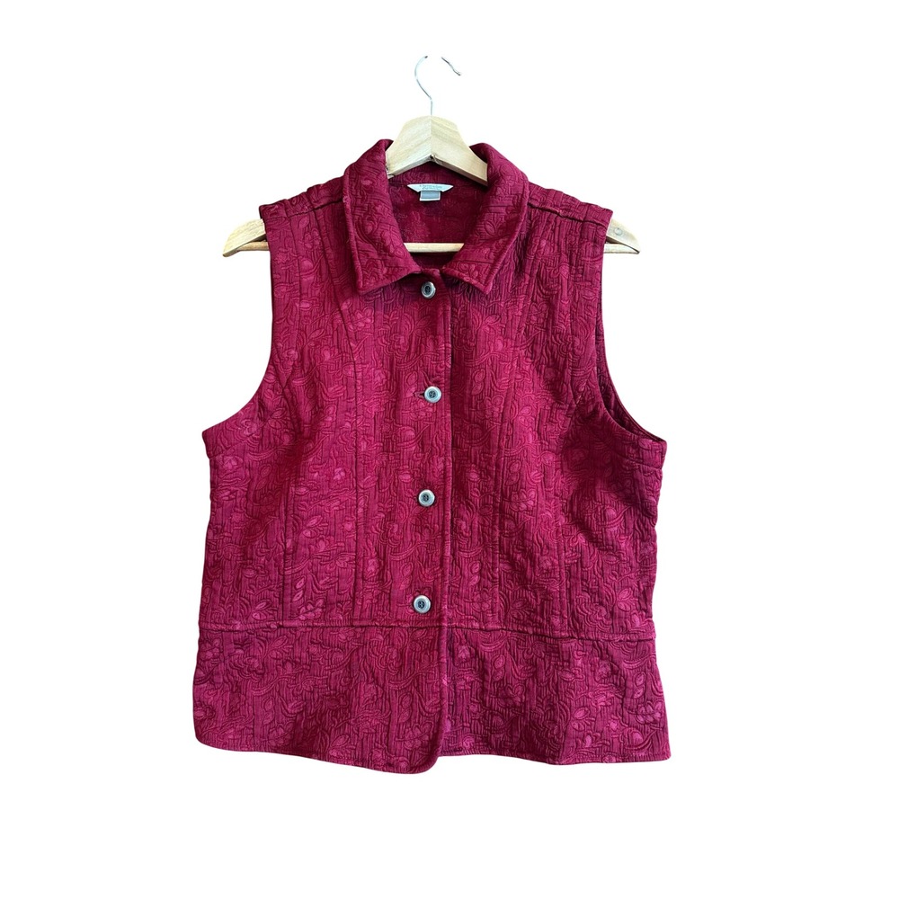 Christopher & Banks Red Floral Quilted Button Front Vest Large Fall